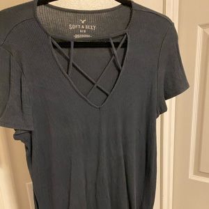Crisscross Navy Blue Ribbed Tee